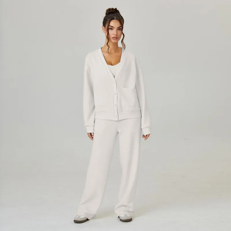Women's Slouchy Solid Color V Neck Long Sleeve Button Cardigan & Drawstring Waist Trousers Co-ord