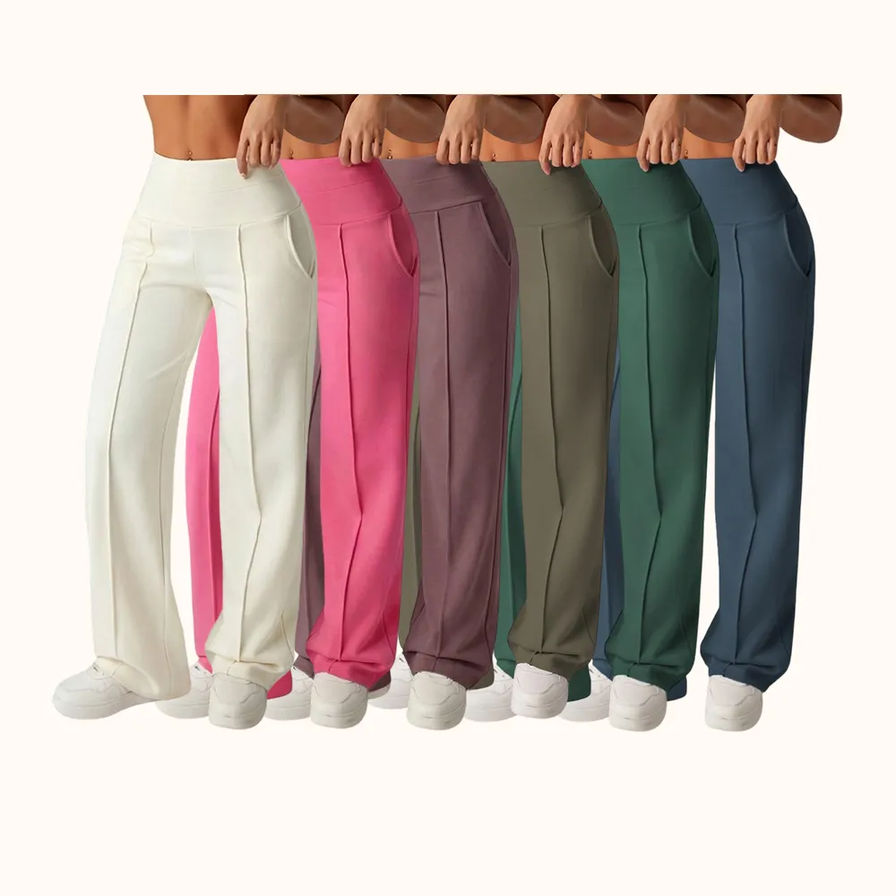 Women's Plain Loose Straight Leg Pants, Wide Leg High Waist Sporty Casual Sweatpants with Pockets