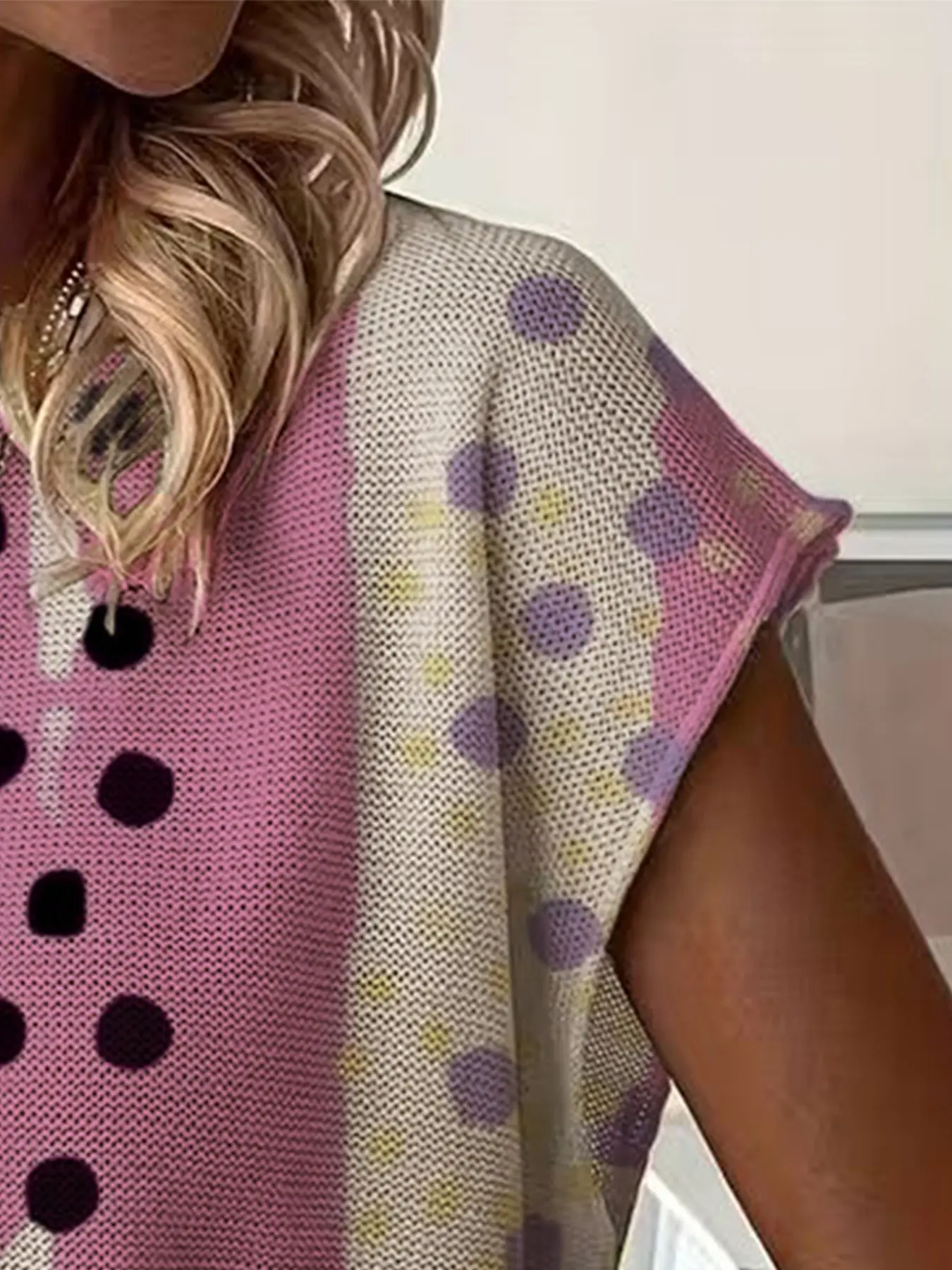 Spring/Summer crew neck drop-shoulder loose fit contrast stripe splicing print short-sleeve women's knit top