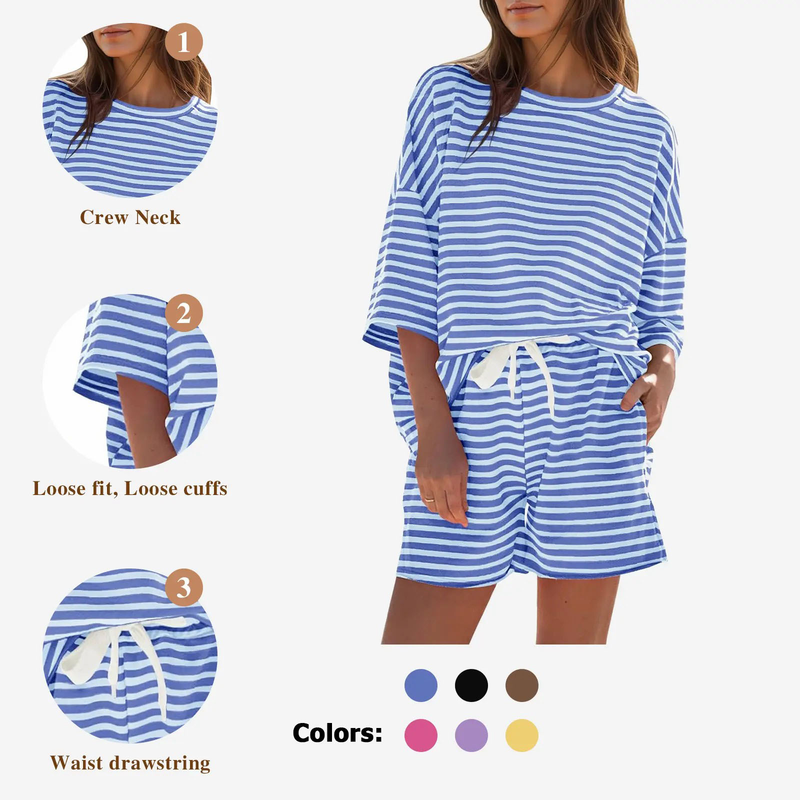 Women's Striped 2-Piece Lounge Set – 3/4 Sleeve Sweatsuit & High Waist Shorts