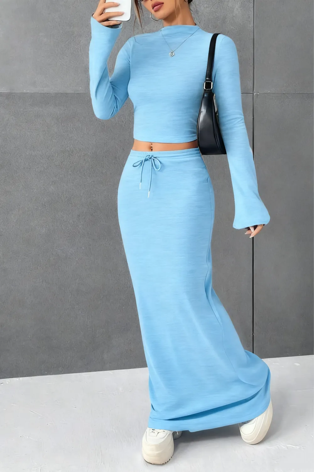 Women's Solid Flounce Sleeve Crop Tee & Skirt Two-piece Set