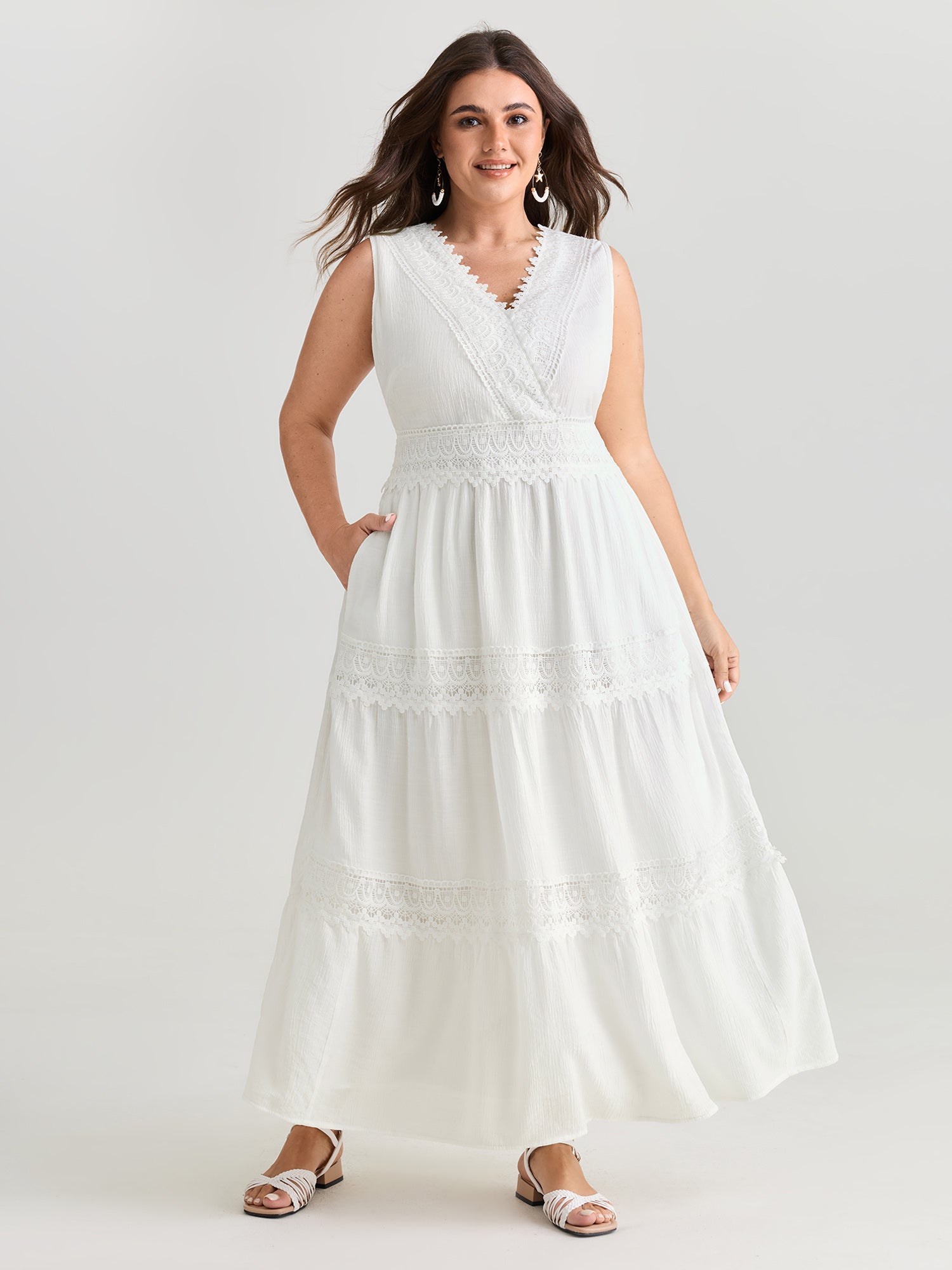 Lace Trim Overlap Neckline Tiered Maxi Dress