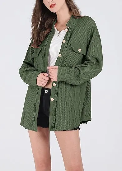 Women's Loose Fit Batwing Sleeve Waffle Knit Button Down Shirt Shacket Tops