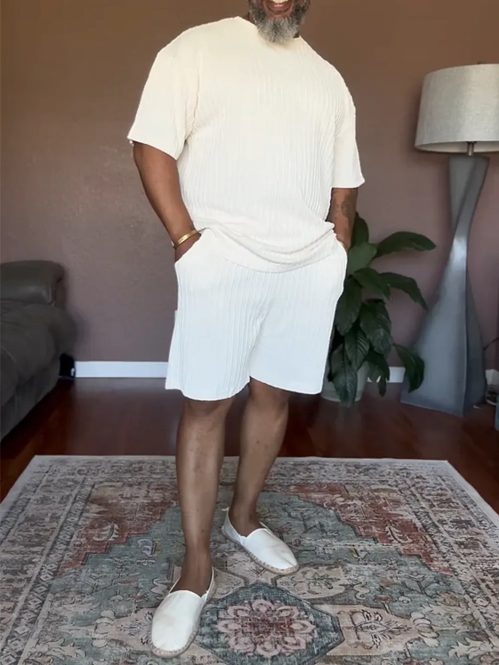 Men'S Solid Color Textured T-Shirt & Pants Set