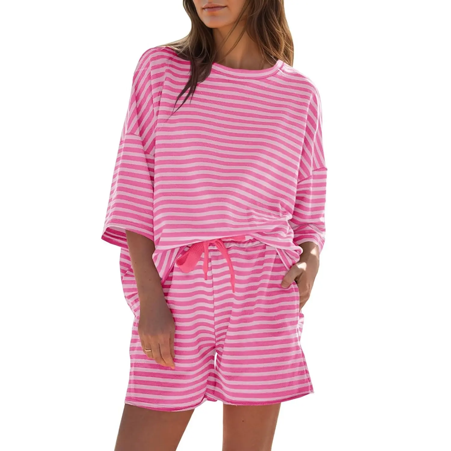 Womens Striped Short Sets 2 Piece Outfits Sweatsuits 3/4 Sleeve Pajamas Casual Lounge Sets