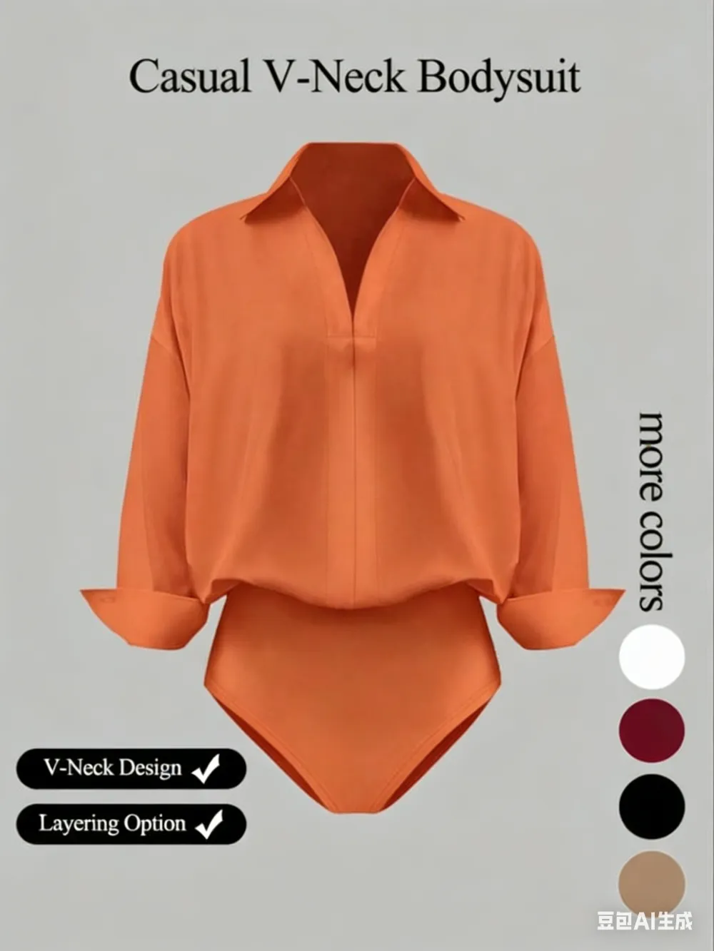 Women's casual loose-fitting V-neck long-sleeved shirt jumpsuit, made from elegant woven fabric