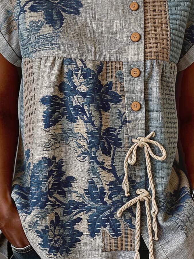 Women'S Casual Printed Tie-Waist Button-Up Top