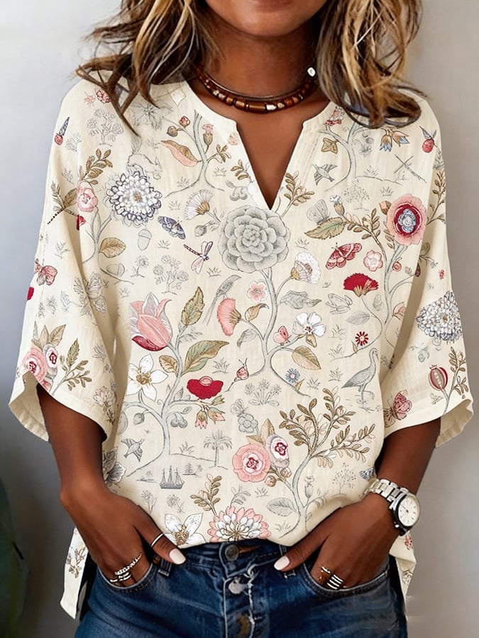 Women's Casual Spring Floral Cotton Linen Top
