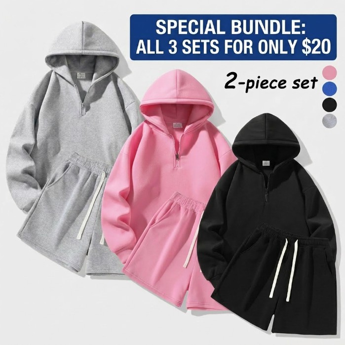 Men's Half-Zip Hoodie & Shorts 2-Piece Set - Casual Warm-Up Jogging Tracksuit