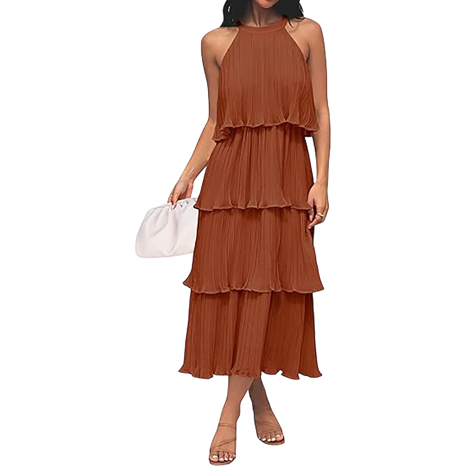 Women's 2025 Summer Sleeveless Halter Neck Ruffle Tiered Layed Chiffon Flowy Swing Long Midi Dress