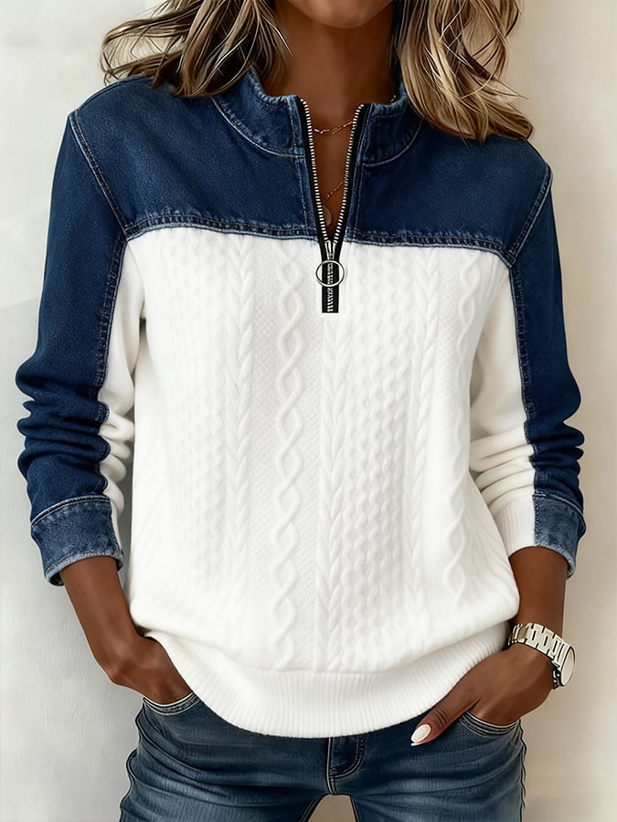 Women's Casual Zipper Color Block Sweatshirt