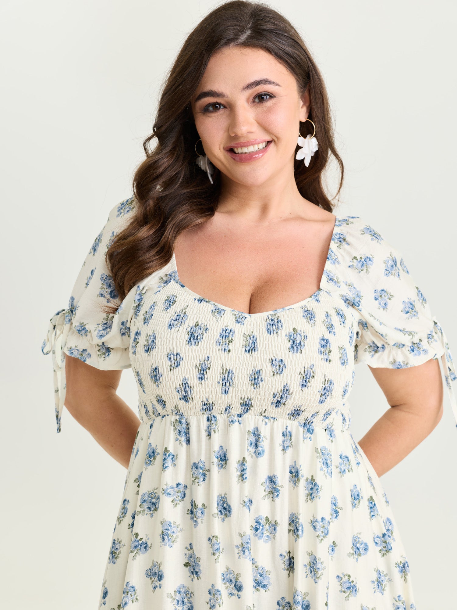 Floral Print Shirred Bodice Sleeve-Tie Maxi Dress