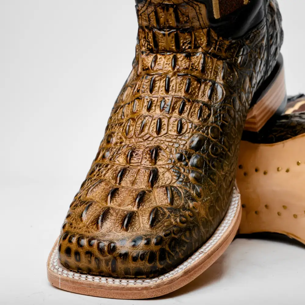 Honey Caiman Neck Leather Boots - Square Toe