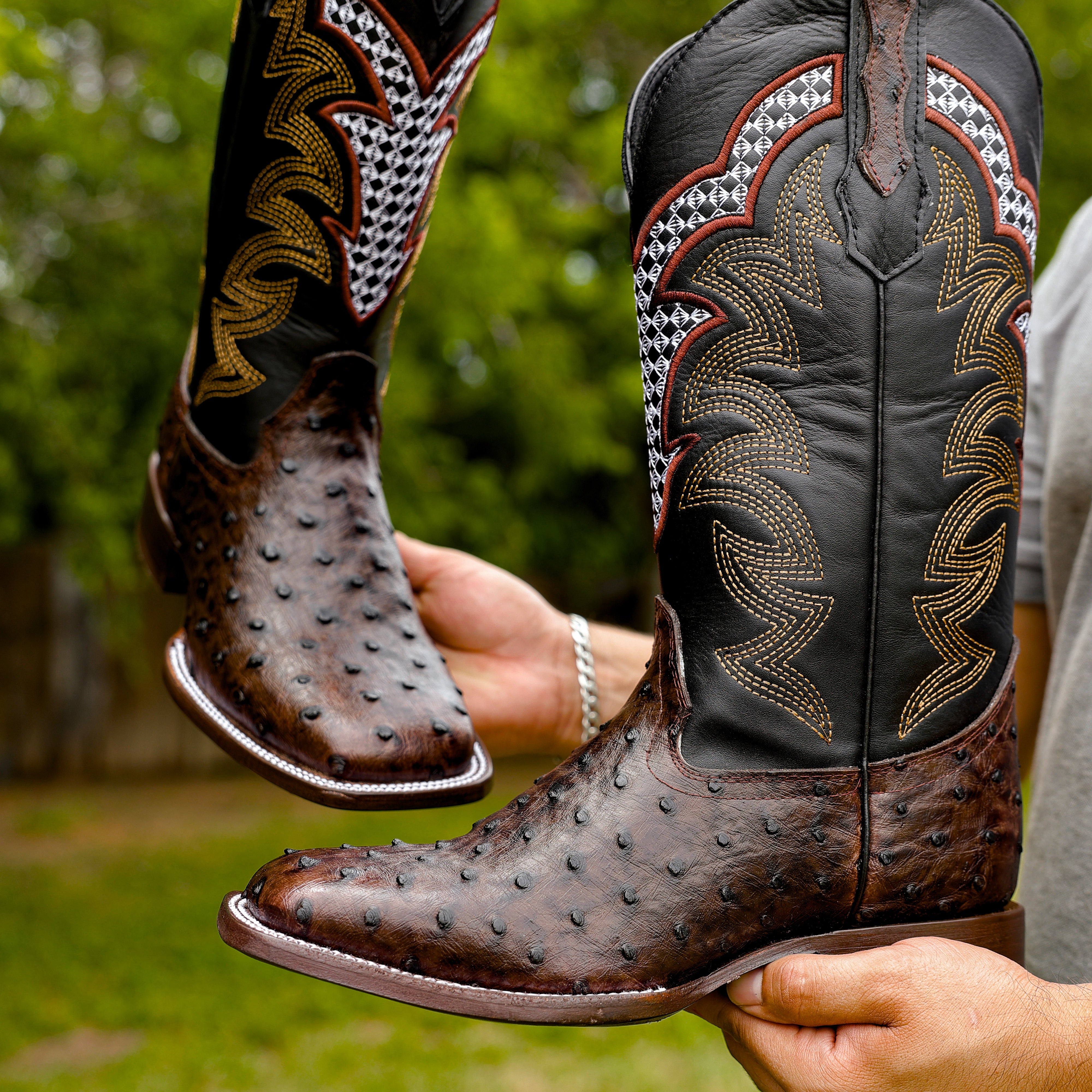 Chocolate Brown Ostrich Leather Boots - Square Toe