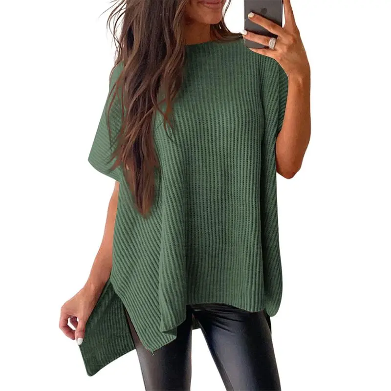 Women’s Crew Neck Short Sleeve Pullover Elegant Solid Color Knitwear
