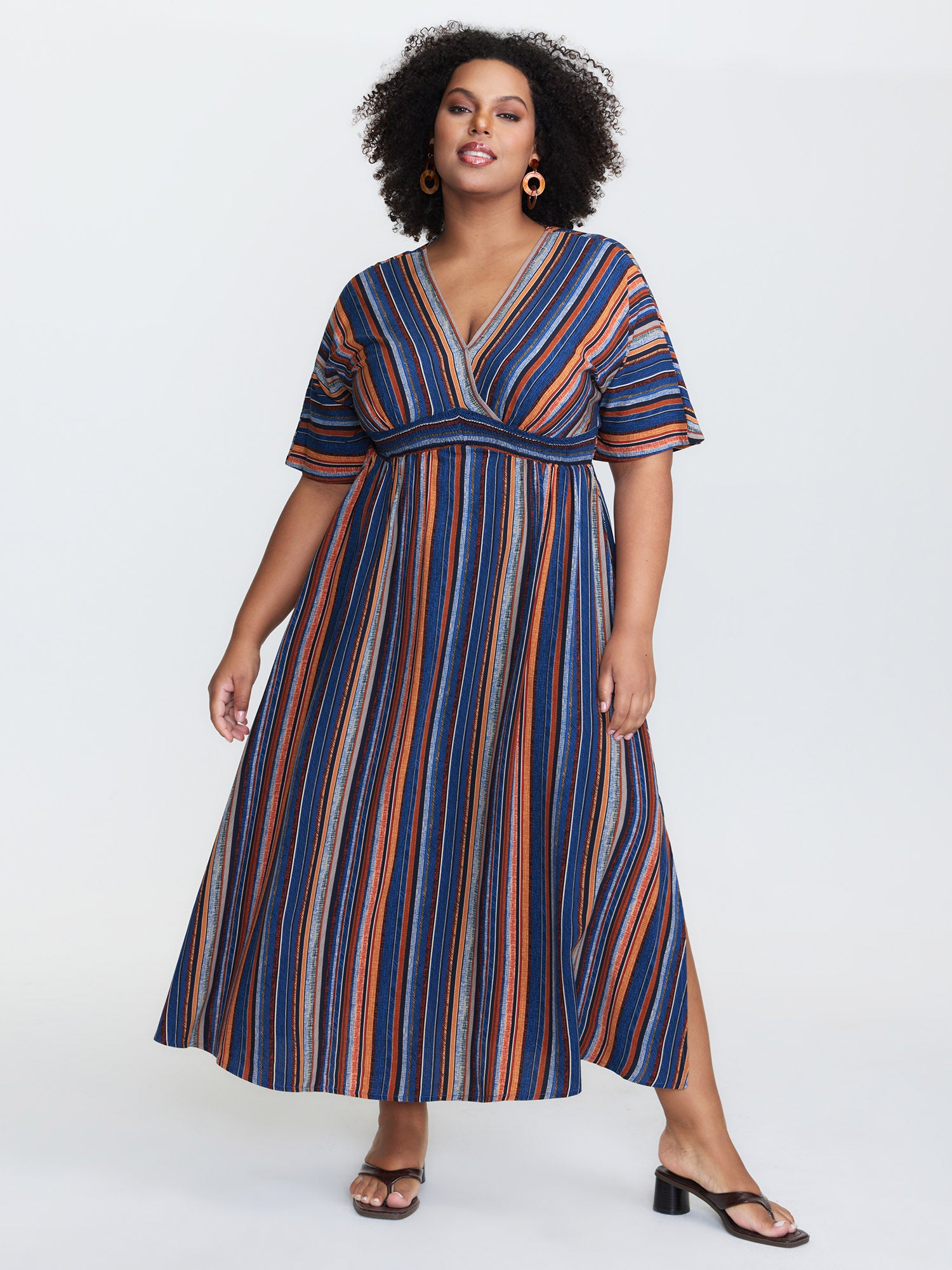 Striped Contrast Dolman Sleeve Shirred Pocket Split Flutter Dress