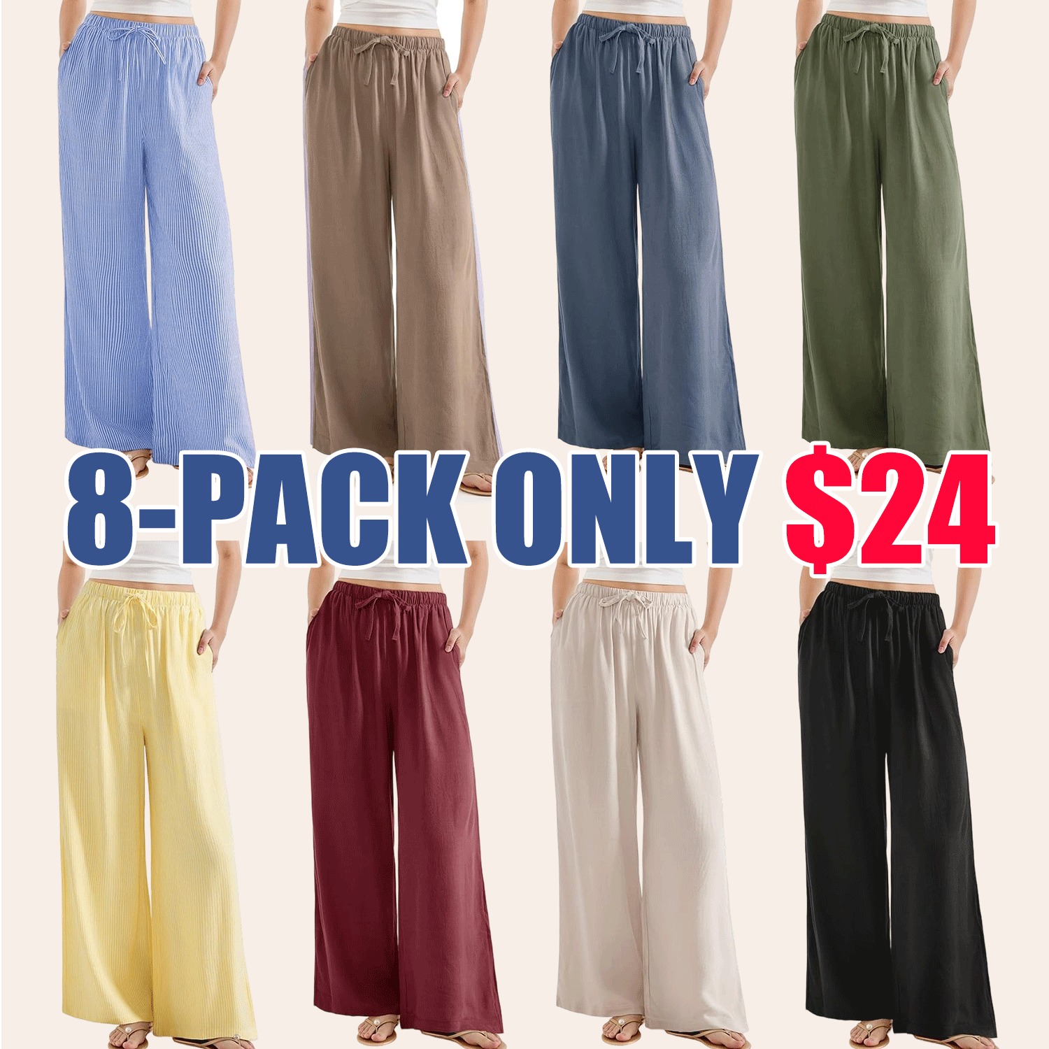 Women’s Wide Leg Linen Palazzo Pants – High Waist Lounge Pants with Pockets