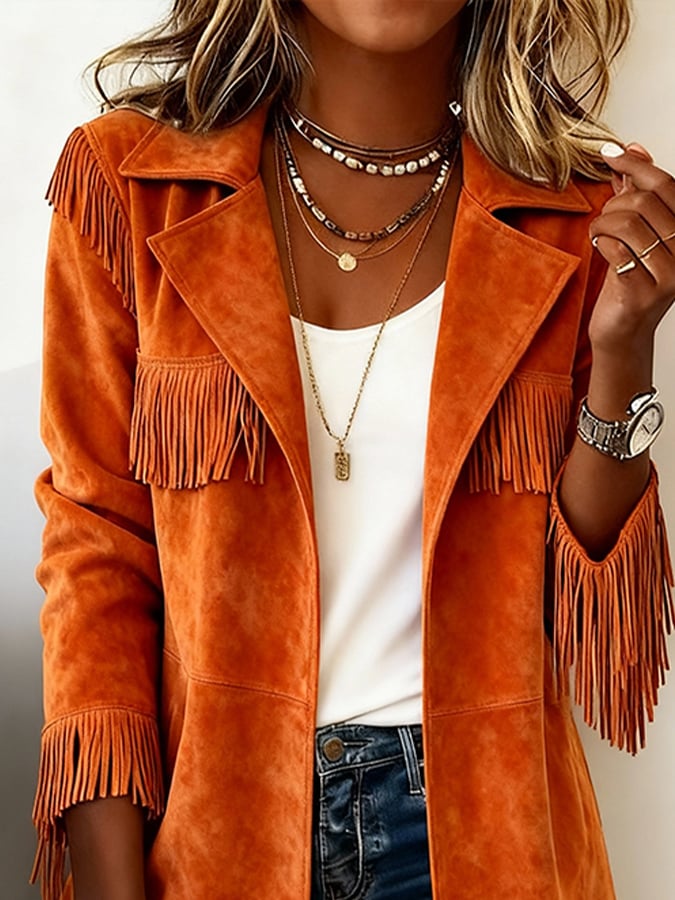 Women's Casual Lapel Long-Sleeved Tassel Jacket