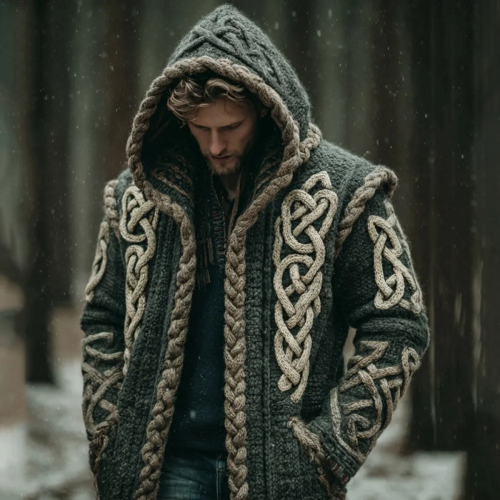Men's Viking Intricate Celtic Knot Pocket Mid-length Cardigan Sweater