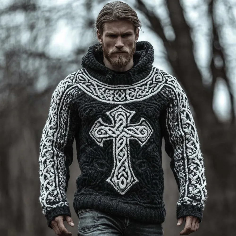 Men's Viking Style Cross Black And White Hooded Sweater