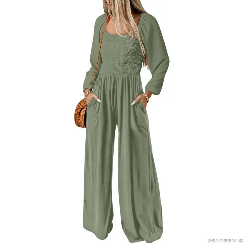 Women's Casual Loose Overalls Jumpsuits One Piece Long Sleeve Wide Leg Long Pant Rompers With Pockets