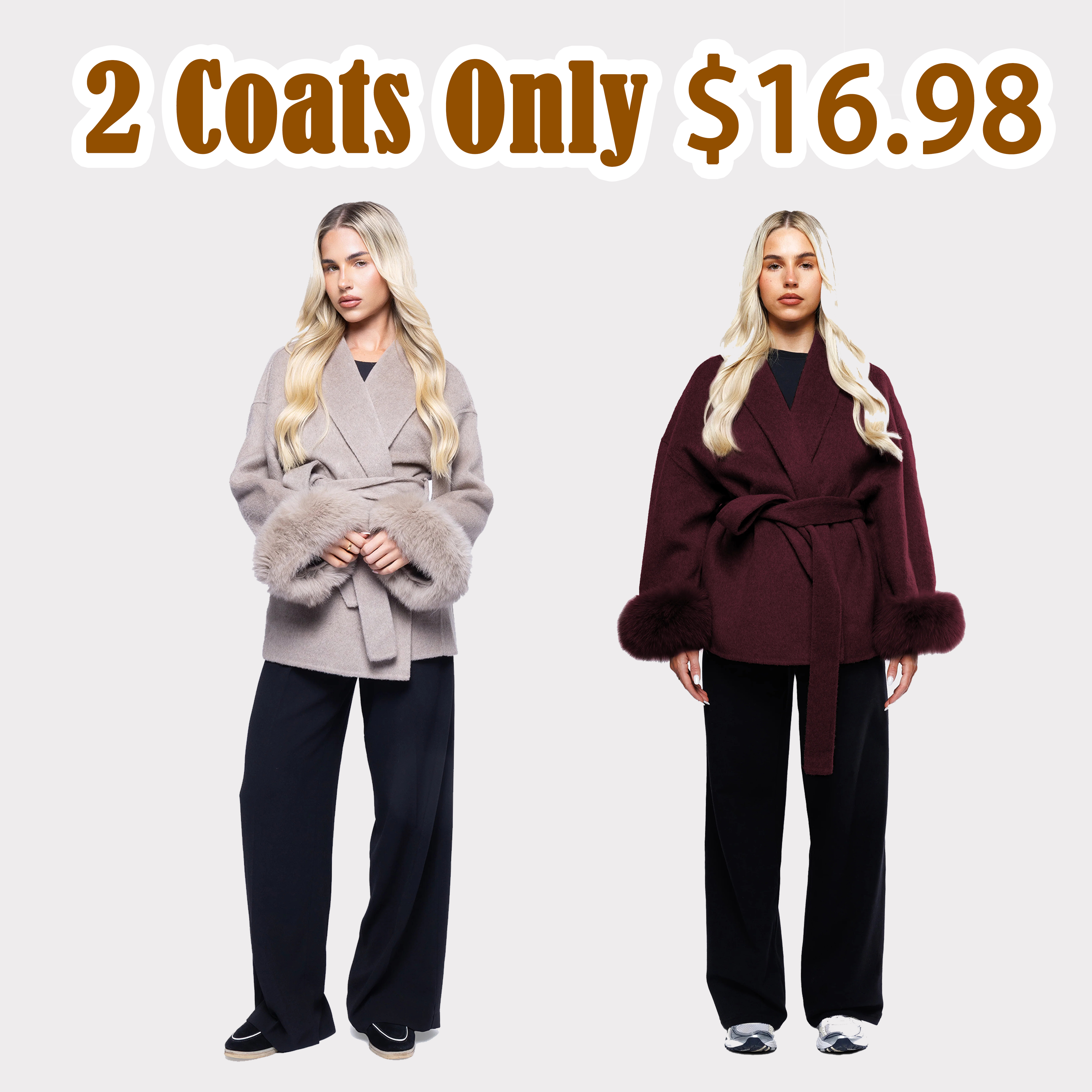 100% Wool - Short Coat - Luxury Detachable fox fur cuffs