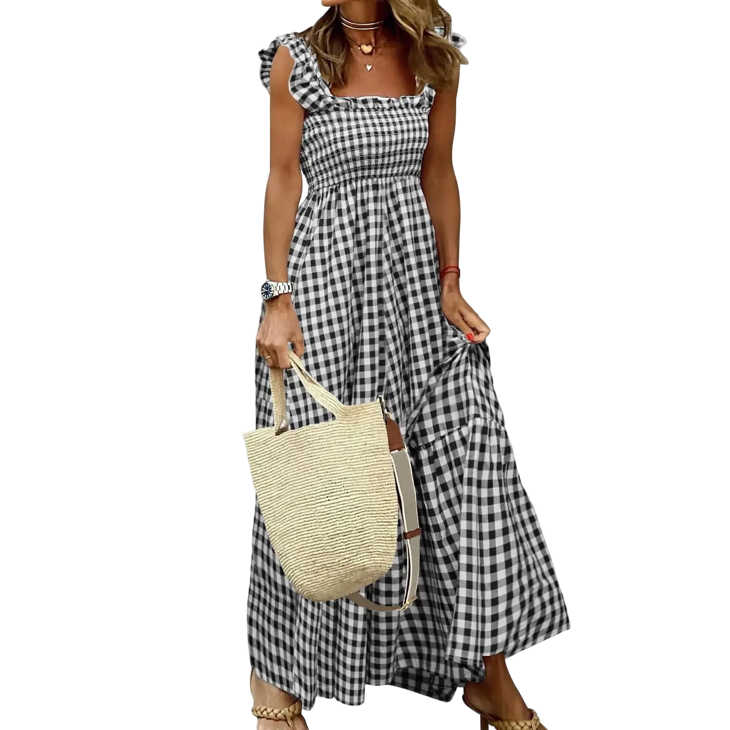 Women's retro plaid pleated sundress with ruffles