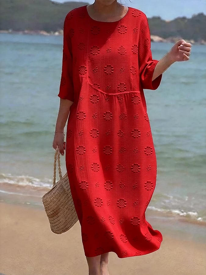 Women's Casual  Round Neck Mid Sleeve Print Cotton and Linen Dress- Fast Shipping