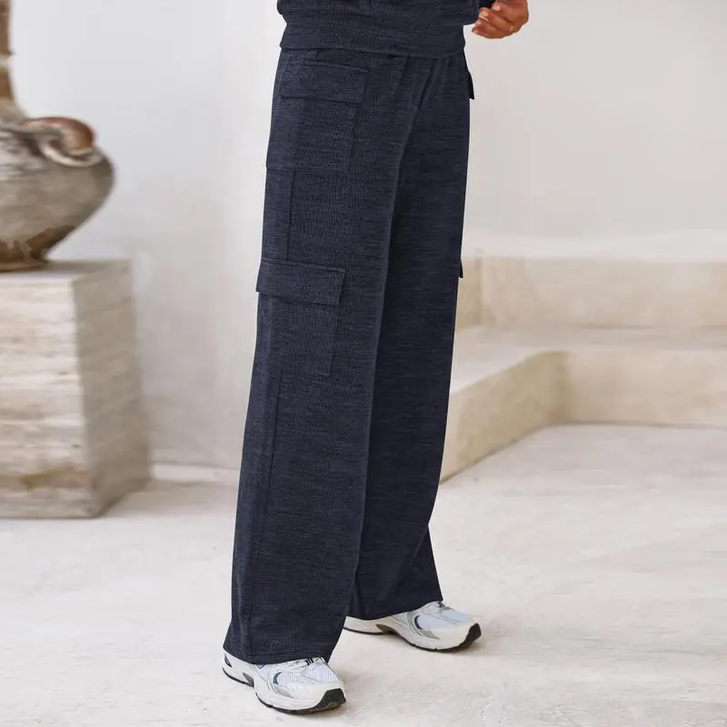 Women’s Casual Knit Tracksuit – Hoodie & Wide Leg Pants with Pockets