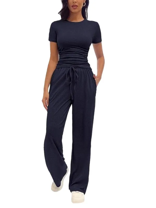 Women's Solid Round Neck Tee & Pants Loungewear