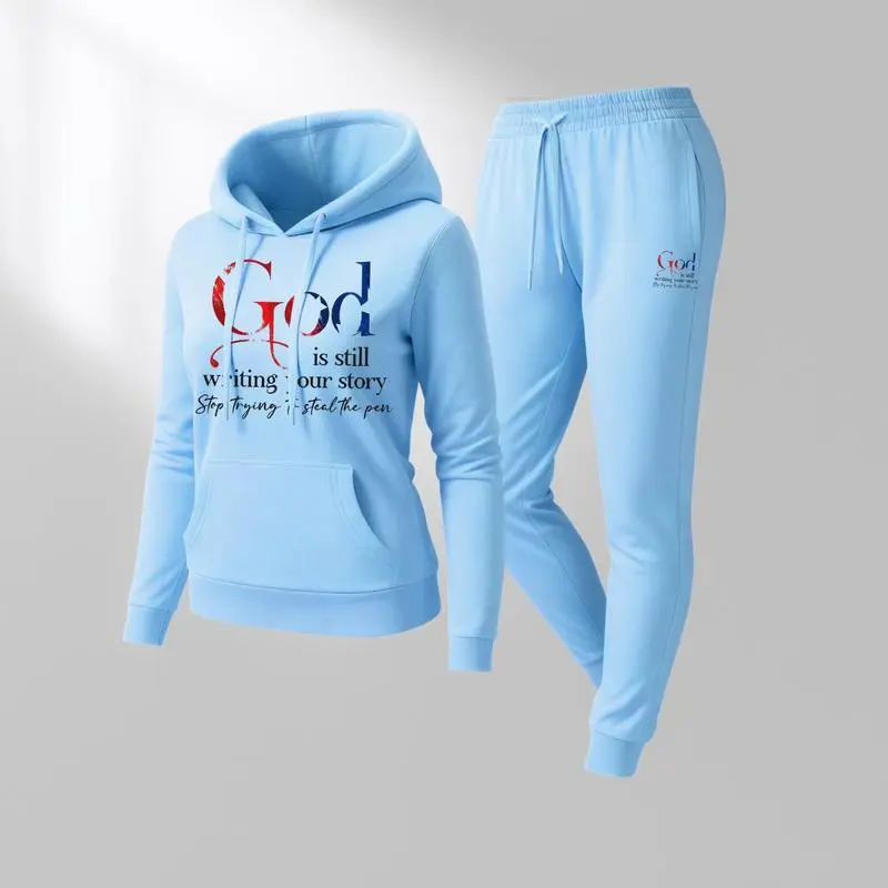 Women'S God Letter Print Hoodie And Drawstring Track Pants Set