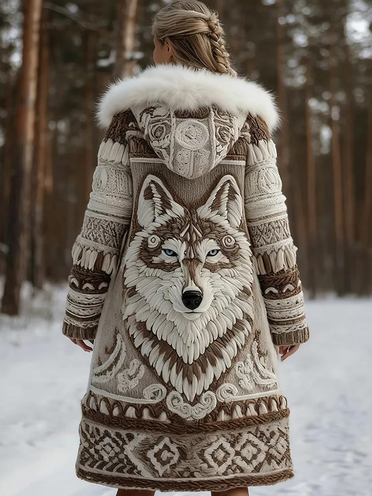 Women's Tribal Wolf Face Knitted Jacquard Long Zipper Fur Collar Cardigan