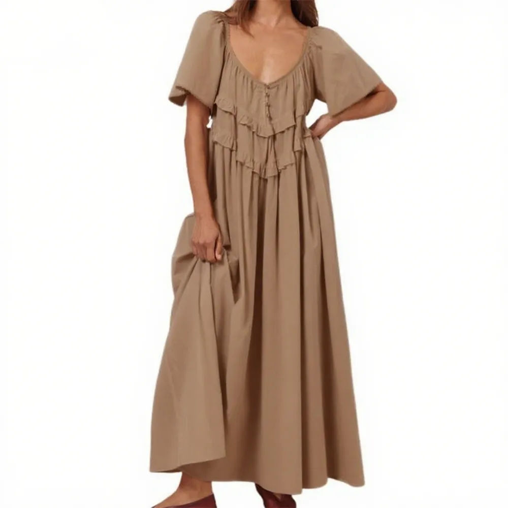 Women Long Dress Elegant Short Sleeve Low-Cut Backless(Just $3 Each!)