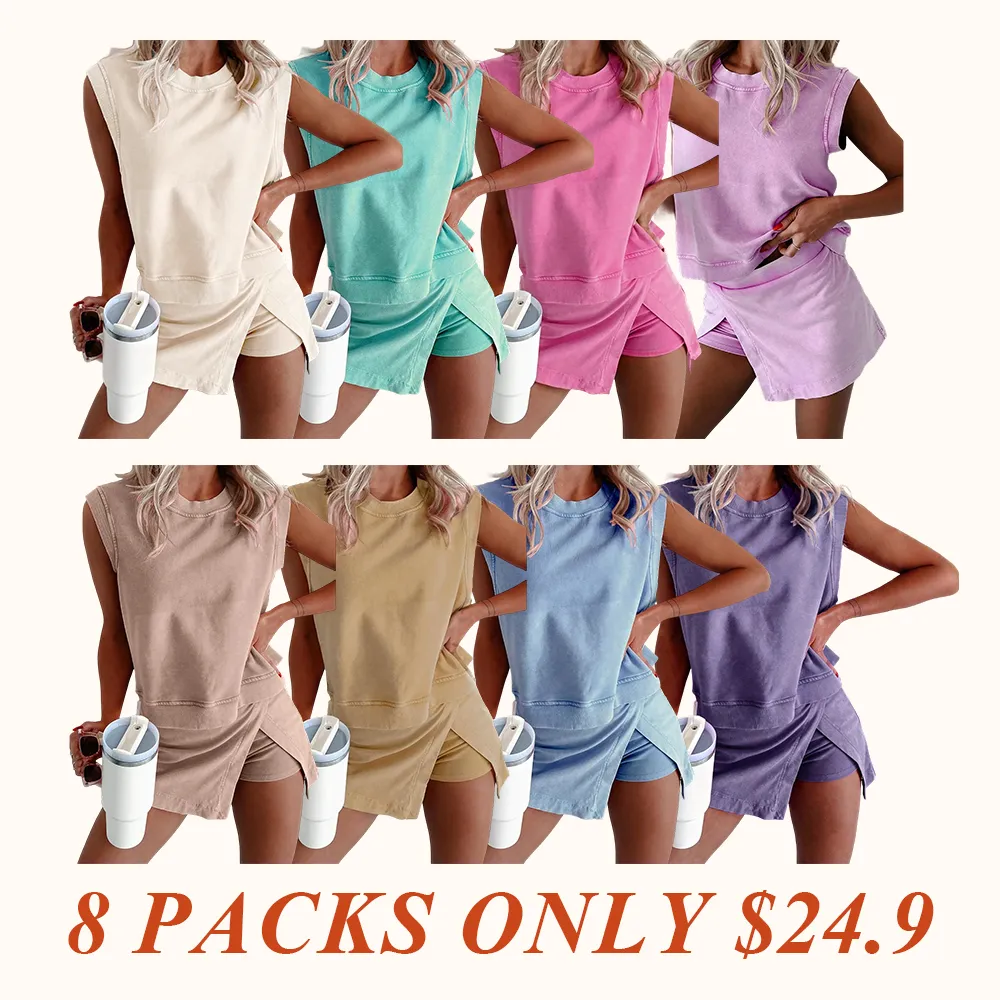 Summer Sets Women 2 Piece Outfits Shorts Tank Top and Casual Skort Lined Split Athletic Skirt Set