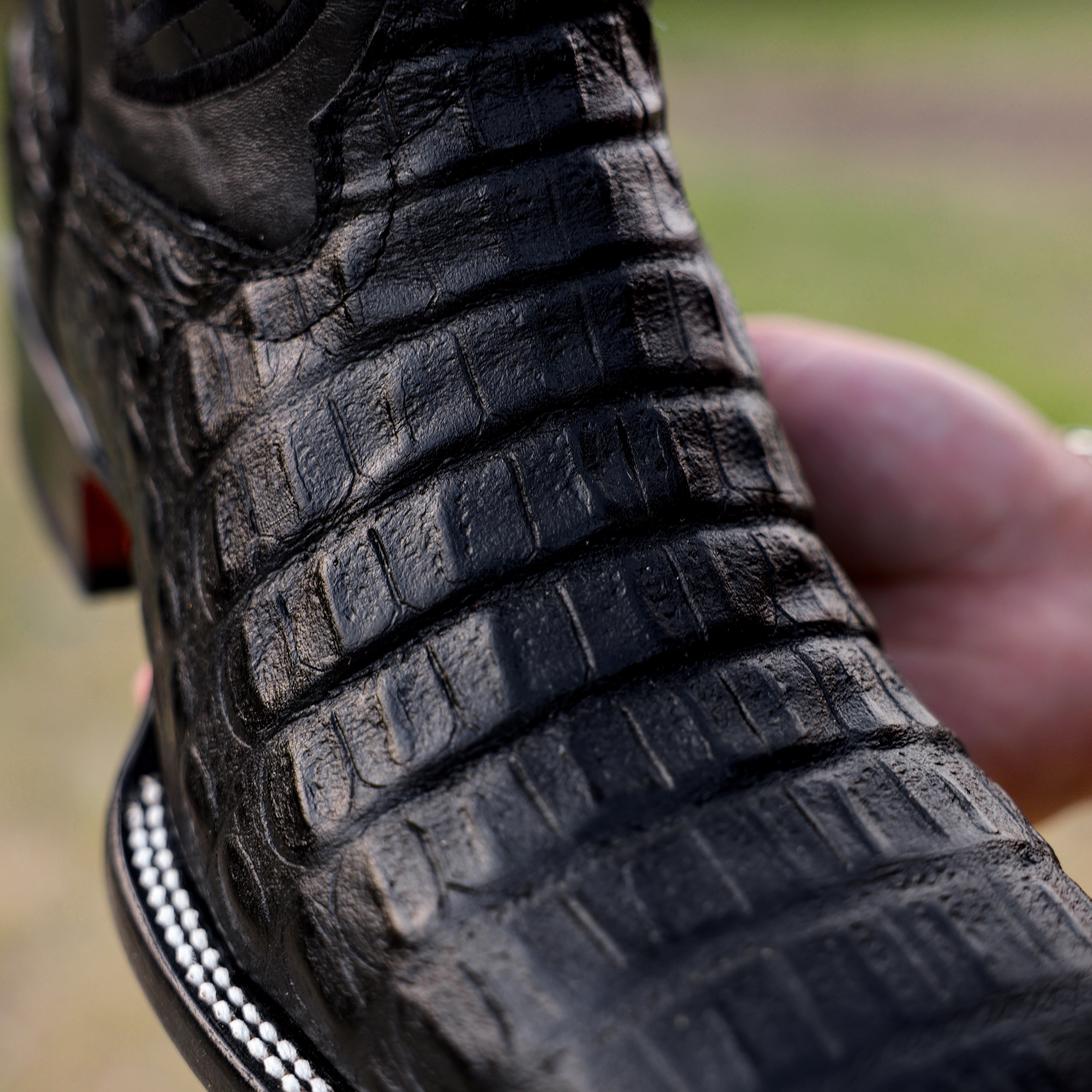 Black Caiman Hornback Leather Boots - Square Toe