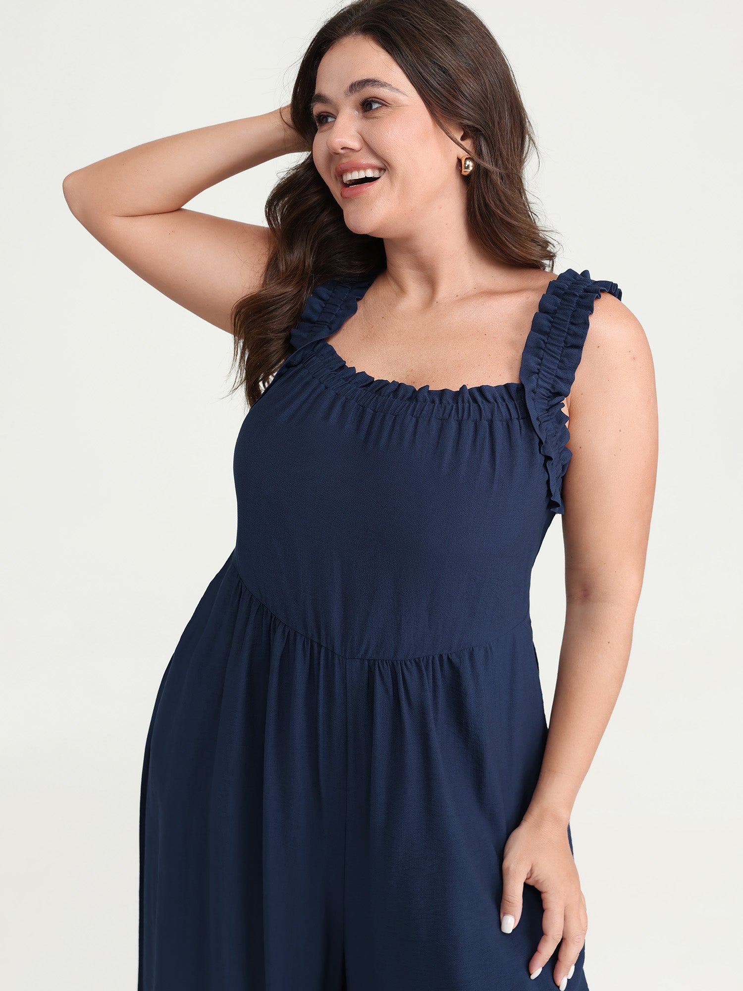 Shirred Wide-Straps Wide-Leg Jumpsuit