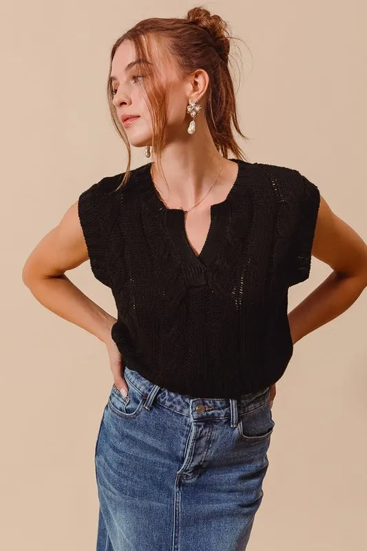 Notched Neck Cable Knit Sweater Vest