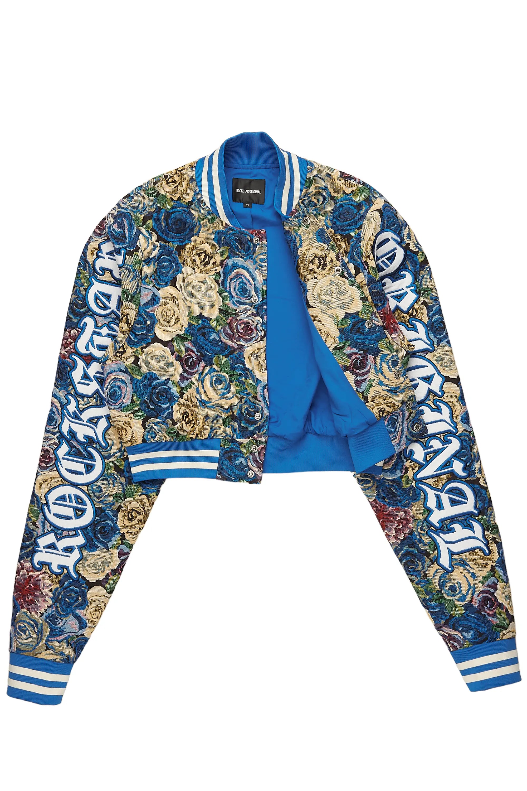 Kyiori Blue Crop Tapestry Varsity Jacket