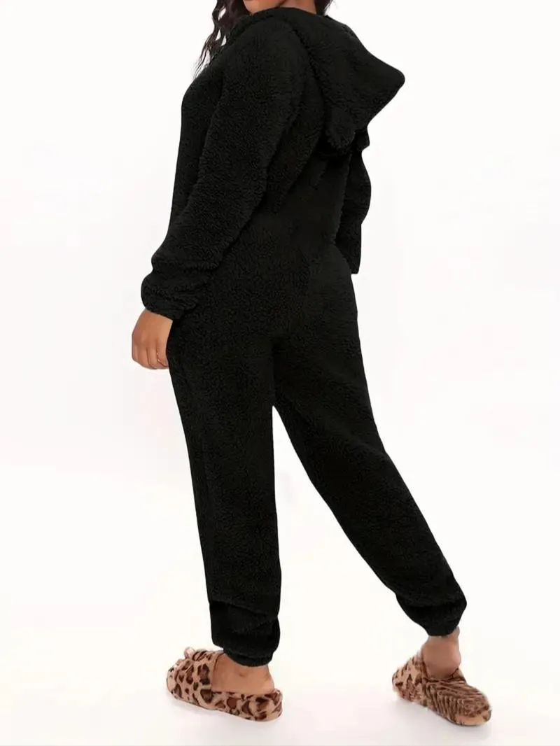 Women's Solid Zipper Hooded Plush Pajama Jumpsuit