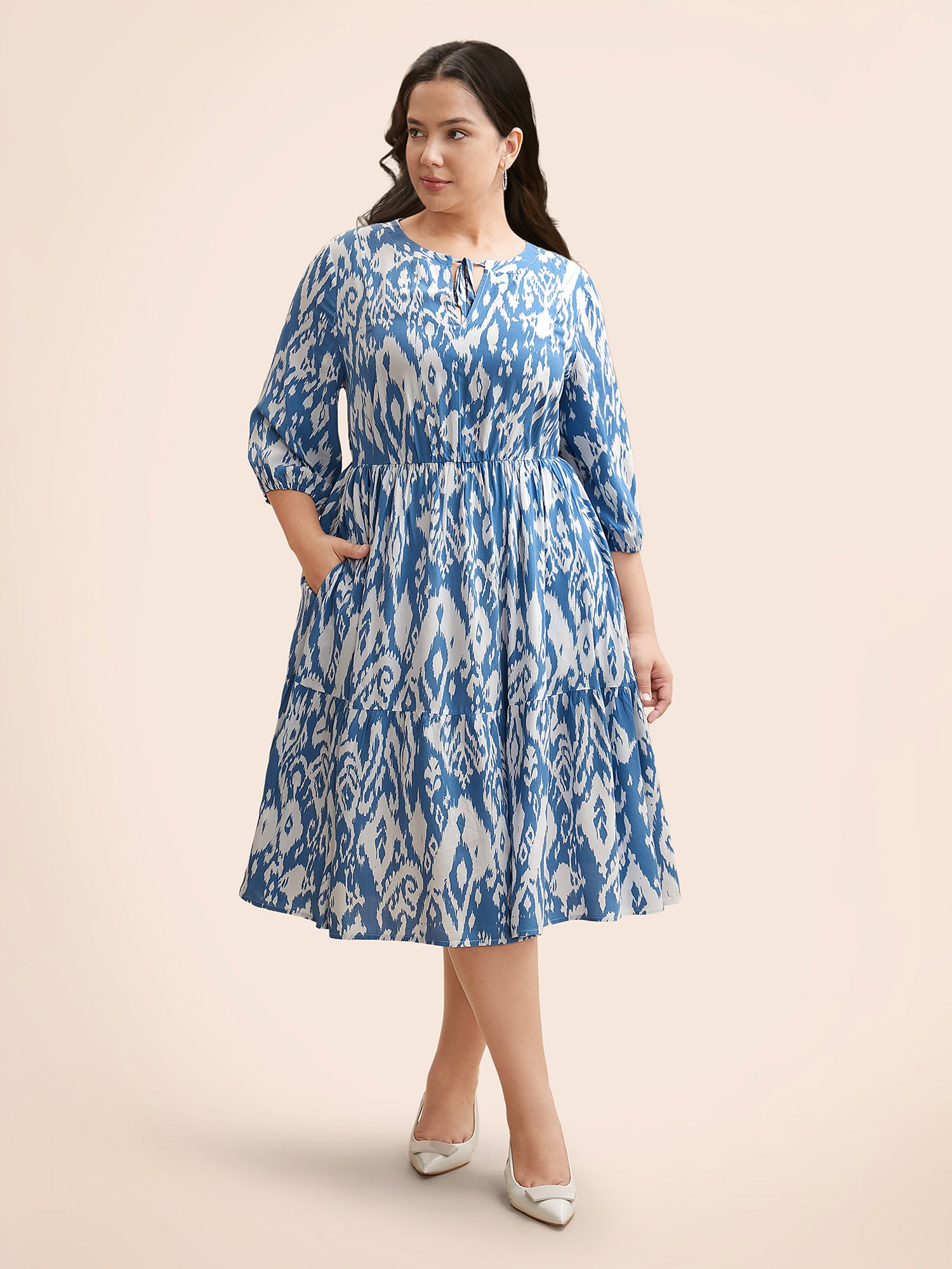 Damask Print Tie Knot Puff Sleeve Dress