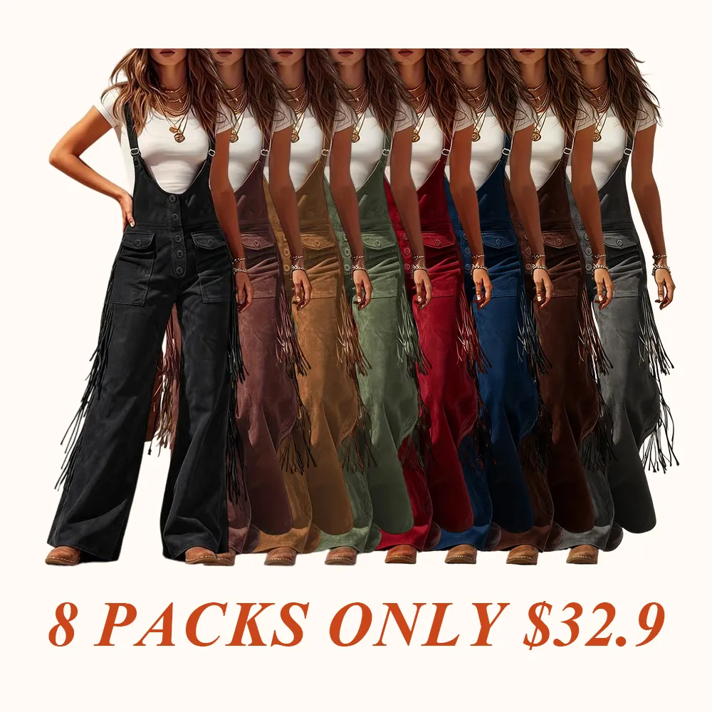 Women's Retro Faux Suede Fringe Wide-Leg Cargo Pants