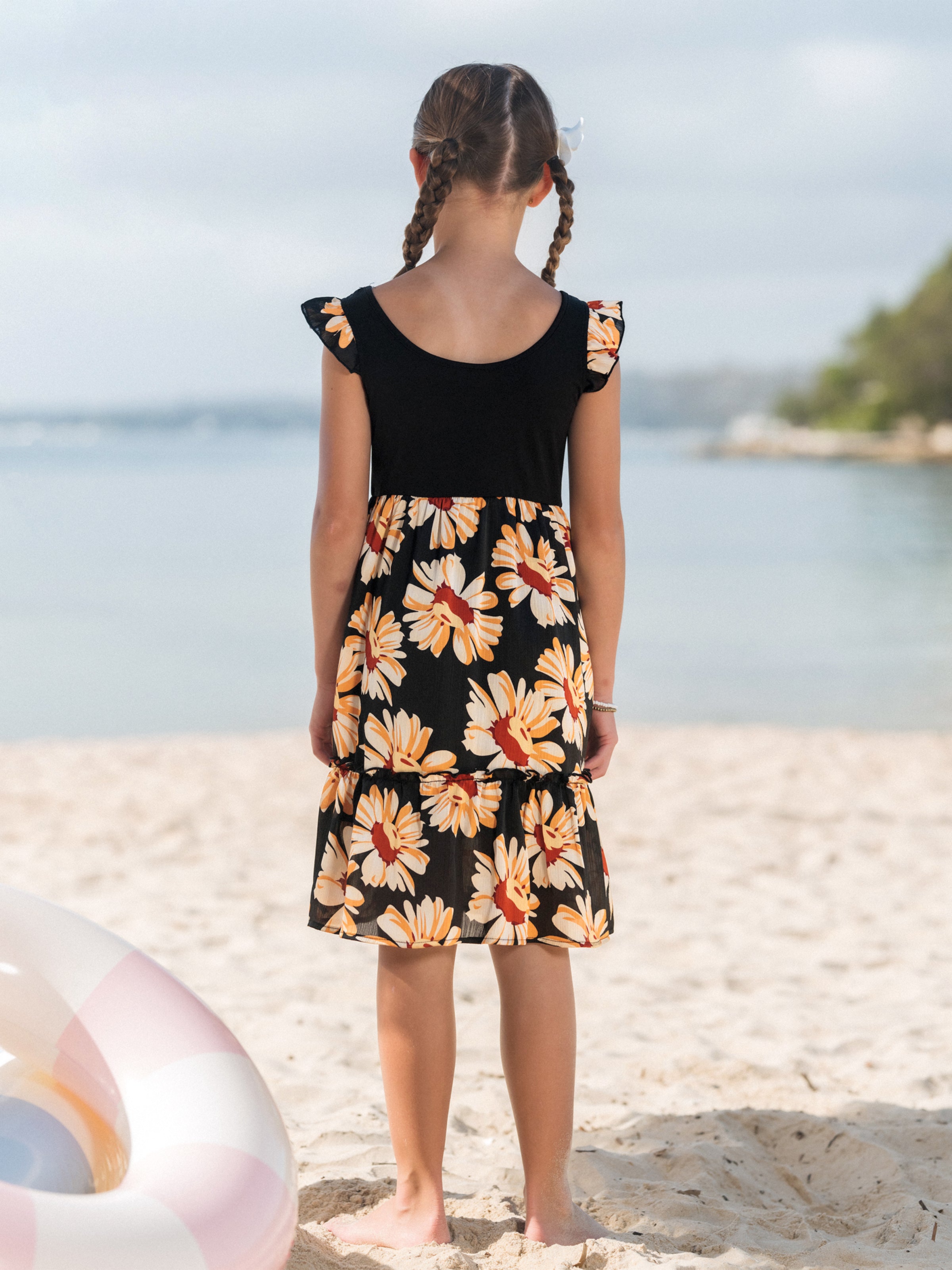 Family Matching Set Floral Sleeveless Strappy Dress or Colorblock Short-sleeve T-shirt  Black