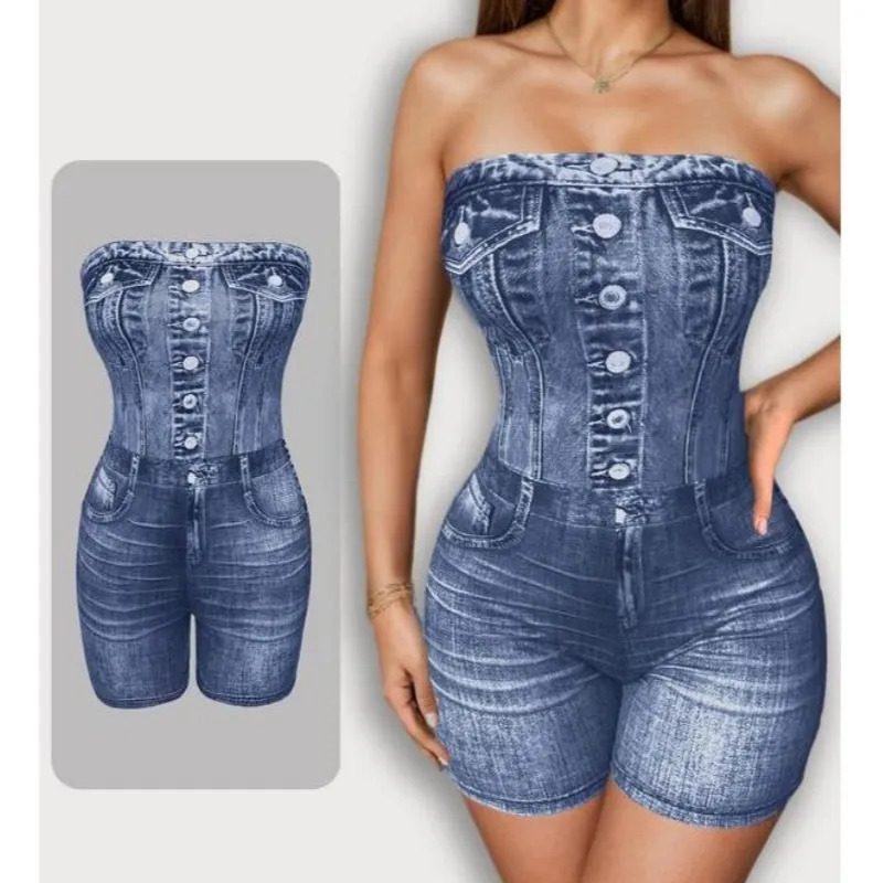 Women's Denim-effect Print Tube Romper