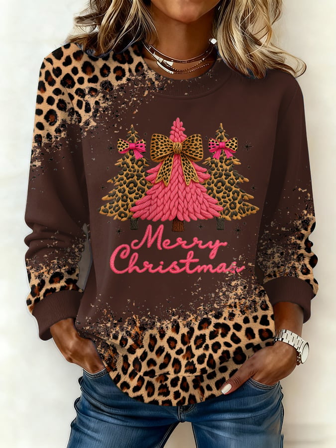 Women's Retro Western Leopard Print Christmas Print Casual Crew Neck Sweatshirt