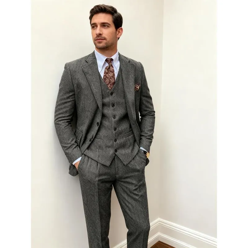 Men's Retro 3-Piece Tweed Herringbone Suit Set Two-Buttons Blazer Vest Pants Autumn New Arrival Formal Business Attire