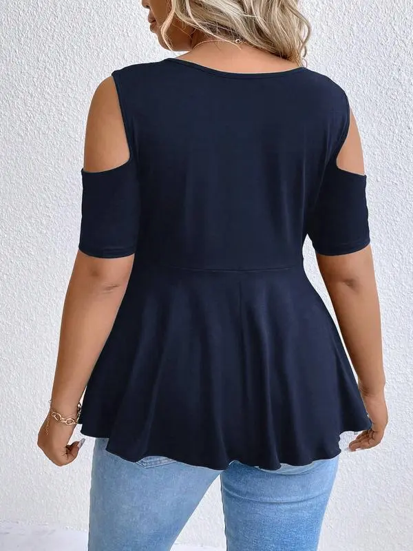 [Plus Size] Cold Shoulder Tee, Casual Asymmetrical Hem Short Sleeve T-shirt for Summer, Women's Plus Clothing for Daily Wear