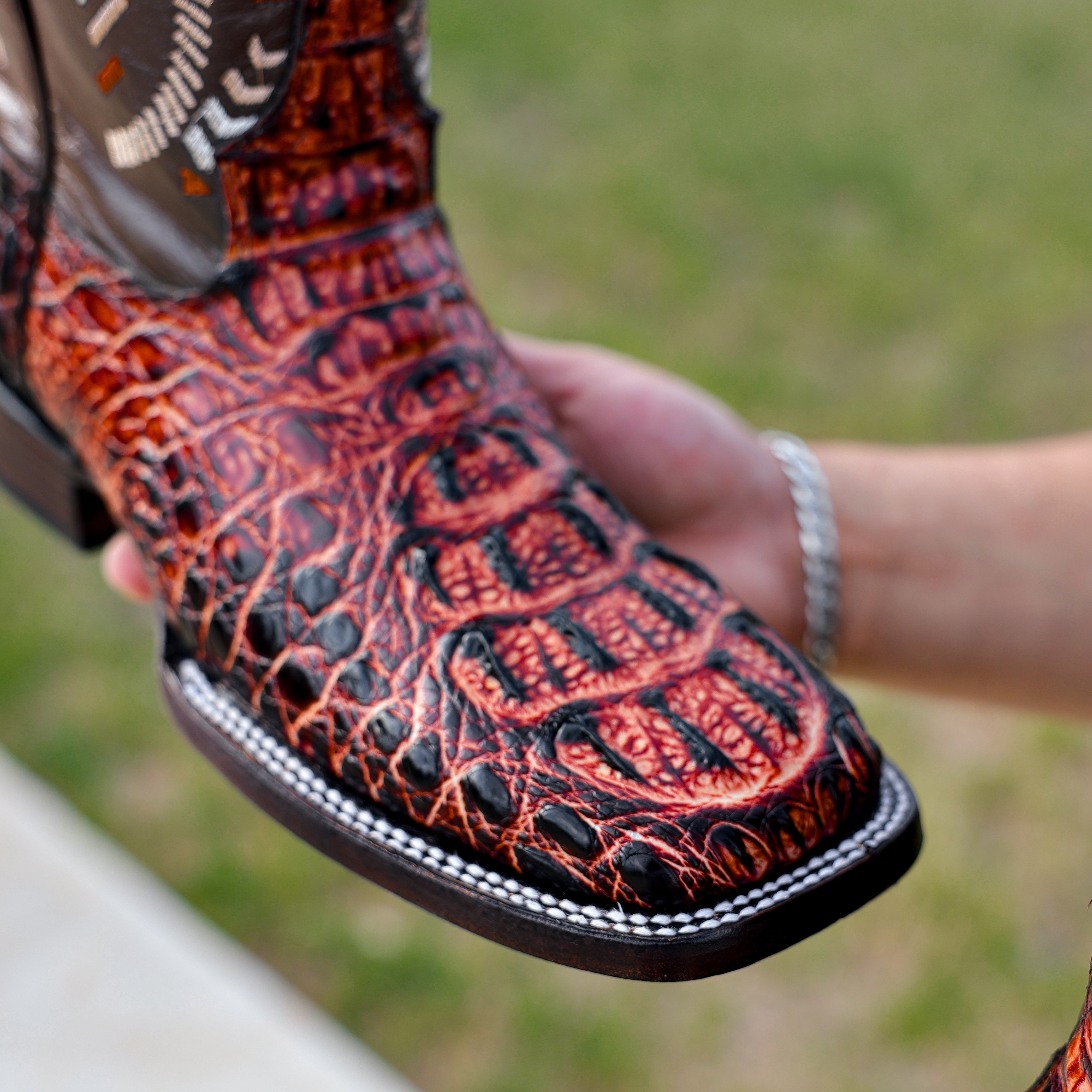 Cognac Caiman Neck Leather Boots - Square Toe