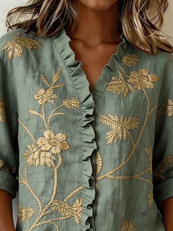Women's Casual V-neck Ruffle Print Top- Fast Shipping