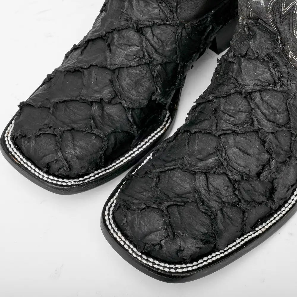 Matte Black Jumbo Pirarucu Leather Boots - Square Toe