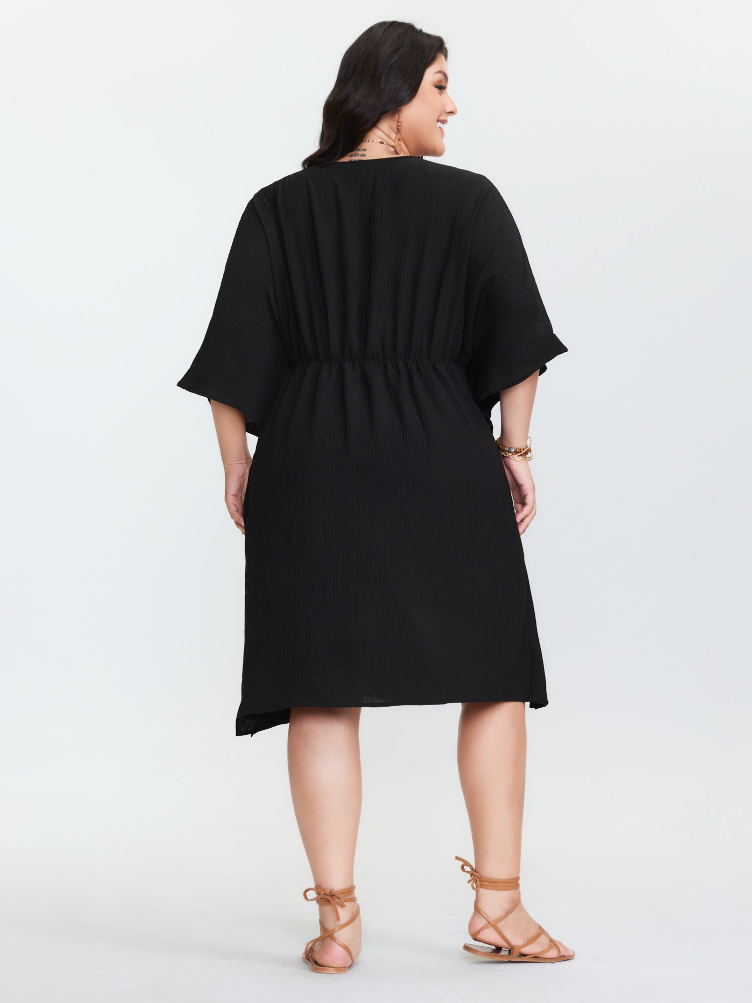 Dolman Sleeve Colorful Drawstring Waist Mini Dress